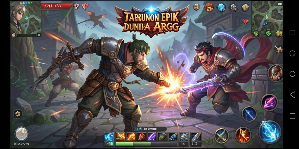 Tangkapan layar menampilkan aksi pertarungan epik di API33 dengan dunia yang indah.