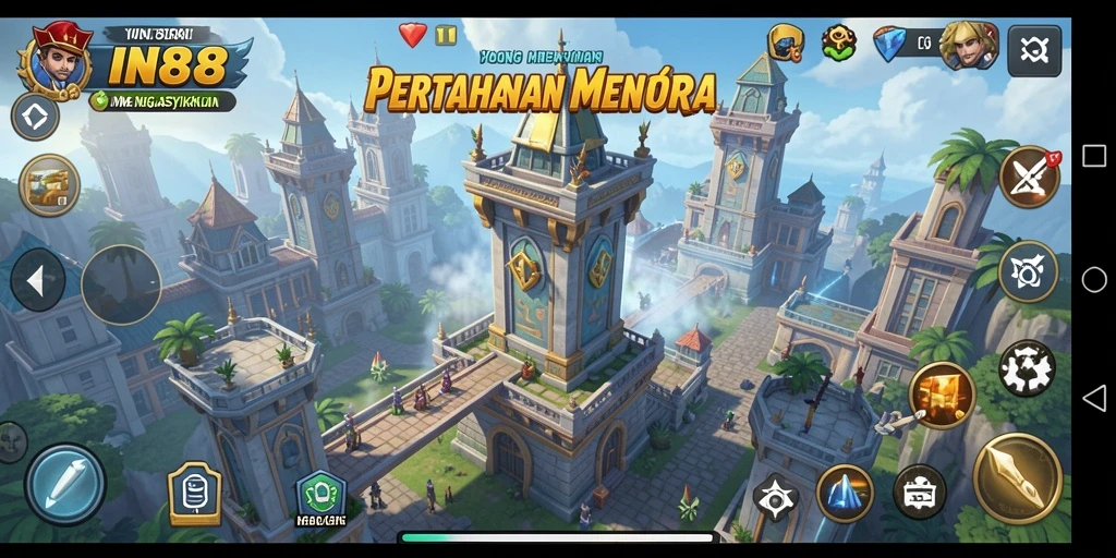 Screenshot gameplay IN88 yang menampilkan menara bertahan dari serangan musuh.
